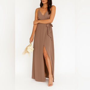 NEW Show Me Your Mumu Bridesmaid Dress Taupe Brown Wrap Maxi Gown Size Small